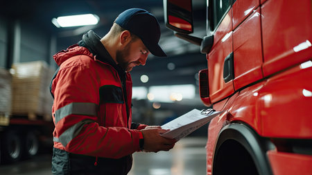 Close-up of a truck driver checking delivery paperwork at a loading dock, with emphasis on the truck and goodsの素材