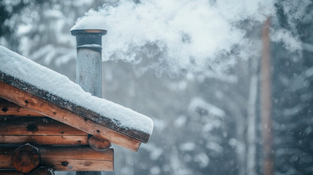 Close-up of smoke and ash drifting from a chimney of a cozy, log cabin during winterの素材