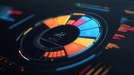 A detailed view of a pie chart with interactive segments on a digital dashboard, showcasing real-time data updates and analytics.の素材