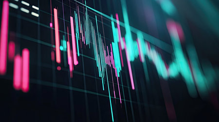 Close-up of a stock chart with detailed candlestick patterns and trading volume bars, on a financial appの素材