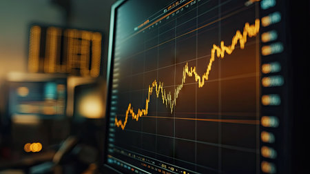 Close-up of a gold trading chart with highlighted trend lines and price alerts on a high-resolution monitorの素材