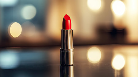 Close-up of a vibrant red lipstick with its bullet partially exposed, placed on a sleek vanity with a soft-focus backgroundの素材