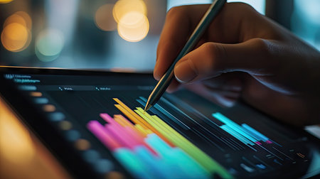 Close-up of a tablet displaying a multicolored bar graph, with a stylus pen in handの素材