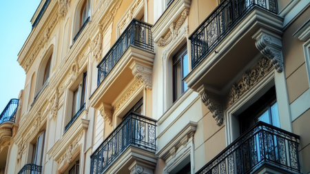 Close-up of a tall residential building with balconies, windows, and architectural details prominently featuredの素材