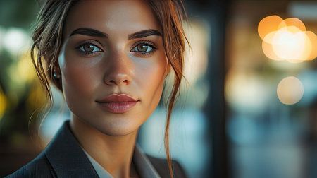 Close-up of a young businesswoman with a focused look, wearing a blazer and with natural lighting highlighting her featuresの素材