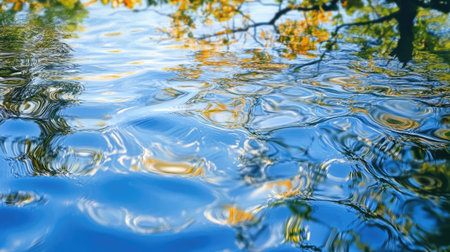 Close-up of small, rippling waves on a pond with reflections of surrounding foliage and blue sky -の素材