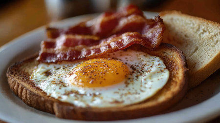 Close-up of a classic American breakfast plate with eggs, bacon, and toast -の素材