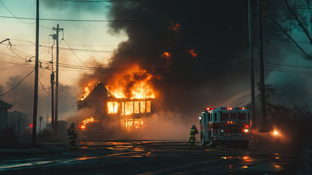 Close-up of smoke from a small building fire with intense flames and emergency responders working nearby -の素材