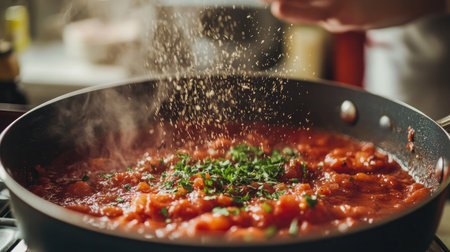 Close-up of bubbling tomato sauce in a pot, with fresh herbs being sprinkled in, warm and cozy kitchen -の素材