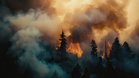 Close-up of thick, billowing smoke rising from a forest fire, with a dramatic backdrop of burning trees -の素材