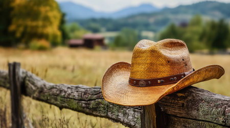Close-up of a vintage cowboy hat with a leather band, placed on a rustic wooden fence with a country landscapeの素材