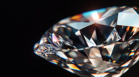 Close-up of a sparkling diamond, capturing the intricate facets and reflections, set against a black backgroundの素材