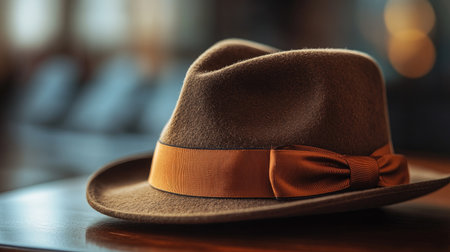 Close-up of a stylish fedora hat with a ribbon band, placed on a wooden table with a soft focus backgroundの素材