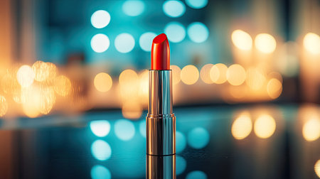 Close-up of a vibrant red lipstick with its bullet partially exposed, placed on a sleek vanity with a soft-focus backgroundの素材