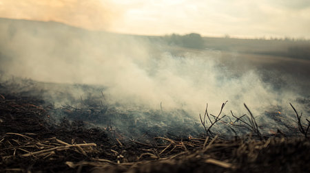 Close-up of smoke drifting across a rural landscape from a controlled burn, with a blurred horizon and vegetation -の素材