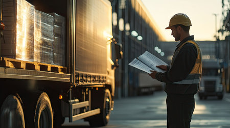 Close-up of a truck driver checking delivery paperwork at a loading dock, with emphasis on the truck and goodsの素材