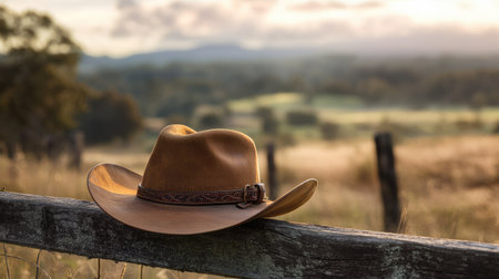 Close-up of a vintage cowboy hat with a leather band, placed on a rustic wooden fence with a country landscapeの素材