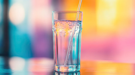 Close-up of a tall glass of water with a straw and a reflection on the surface -の素材