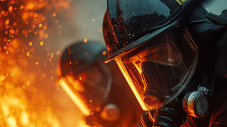 Close-up of firefighters battling a blaze, with flames reflected in their gear and smoke enveloping the scene -の素材