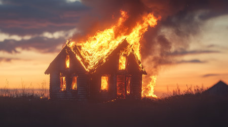 Close-up of a small house on fire, with intense flames and thick smoke visible against a sunset skyの素材