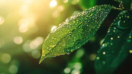 Close-up of delicate water droplets glistening on a green leaf, with sunlight creating a sparkling effect -の素材
