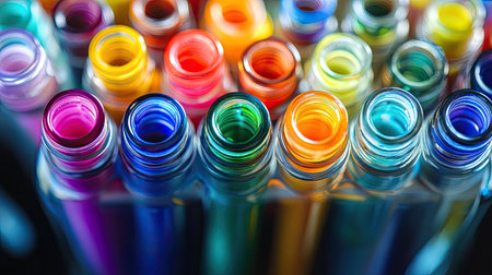 Close-up of colored pens in a glass jar, with their vibrant colors creating a visually appealing patternの素材