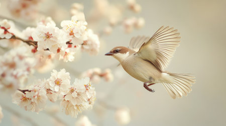Detailed shot of a bird flying close to a blooming tree, with flowers and bird in sharp focus -の素材