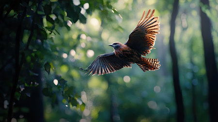 Detailed shot of a bird flying through a forest, with trees and leaves creating a natural backdrop -の素材