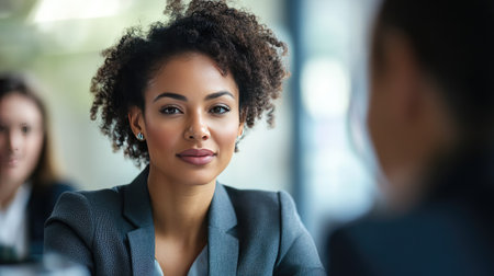 Detailed shot of a businesswoman in a meeting room, with a clear view of her face and professional attire, engaging with colleagues -の素材