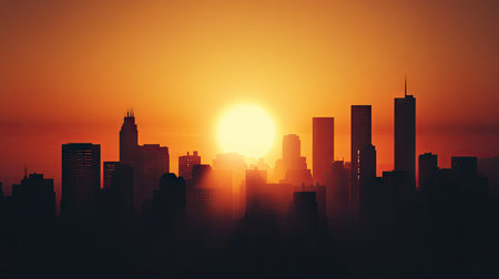 Detailed shot of a city skyline in silhouette with the sun setting behind the buildings, creating a dramatic urban scene -の素材