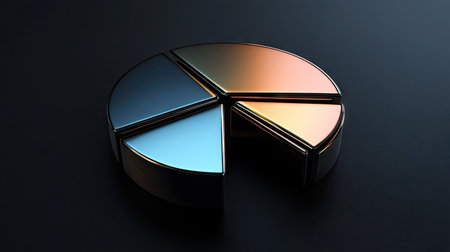 Detailed 3D pie chart with metallic textures, each segment separated slightly, dark backgroundの素材