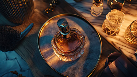 Detailed shot of a perfume bottle with a modern design, surrounded by accessories and a sophisticated settingの素材