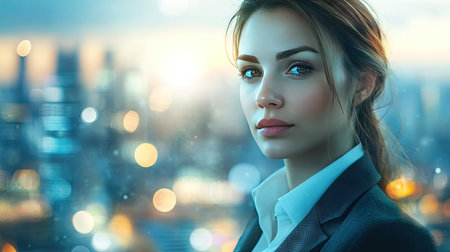 Detailed shot of a businesswoman with a clear, focused expression, dressed in business attire and standing against a cityscape background -の素材