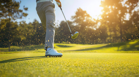 Detailed shot of a golfer in mid-swing, with a focus on the dynamic movement and the backdrop of a scenic golf course -の素材