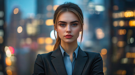 Detailed shot of a businesswoman with a clear, focused expression, dressed in business attire and standing against a cityscape background -の素材
