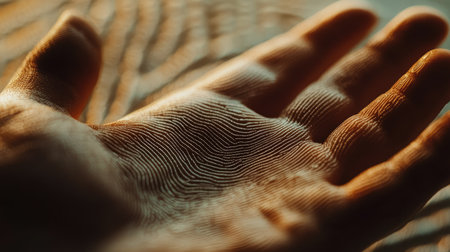 Detailed shot of a human hand reaching out, focusing on the texture of the skin and fingerprintsの素材