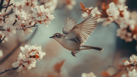 Detailed shot of a bird flying close to a blooming tree, with flowers and bird in sharp focus -の素材