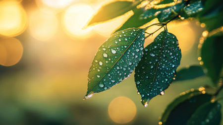 Detailed shot of a leaf with droplets of water forming a pattern, with a blurred background emphasizing the dropletsの素材