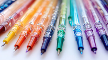 Detailed shot of a rainbow of colored pens laid out on a white surface, showing their different colors and tipsの素材