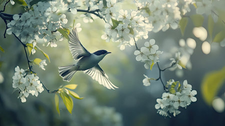 Detailed shot of a bird flying close to a blooming tree, with flowers and bird in sharp focus -の素材