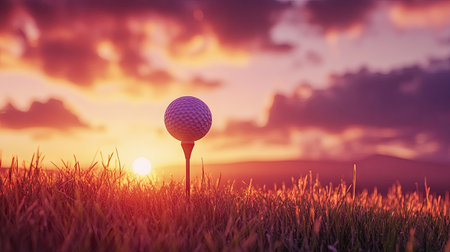 Detailed shot of a golf tee and ball against a vibrant sunrise or sunset, with dramatic lighting and colors -の素材