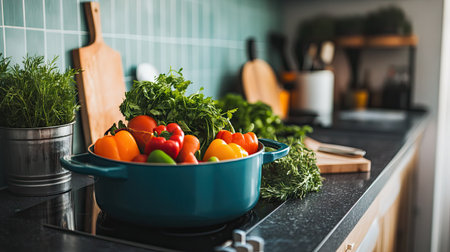 Detailed shot of a pot with freshly prepared vegetables and herbs, set on a kitchen counter with cooking tools nearby -の素材
