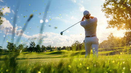 Detailed shot of a golfer in mid-swing, with a focus on the dynamic movement and the backdrop of a scenic golf course -の素材