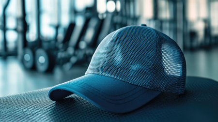 Detailed shot of a sports cap with a mesh back and adjustable strap, placed on a gym bench with fitness equipment -の素材