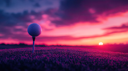 Detailed shot of a golf tee and ball against a vibrant sunrise or sunset, with dramatic lighting and colors -の素材