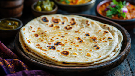 Detailed shot of a roti with a perfectly golden surface, placed on a traditional Indian serving dish with a side of picklesの素材
