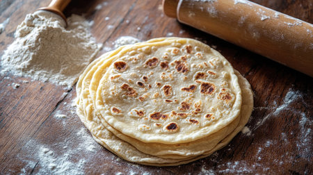 Detailed shot of a single roti with its soft, layered texture visible, set against a wooden kitchen table with rolling pin and flourの素材