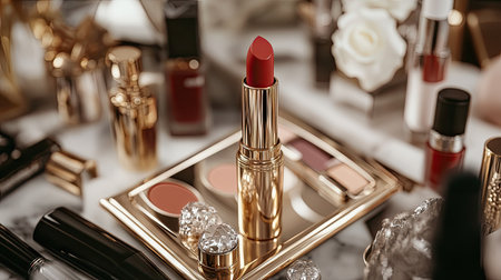 Detailed shot of a luxury lipstick with a gold casing, placed on a high-end makeup tray surrounded by beauty productsの素材