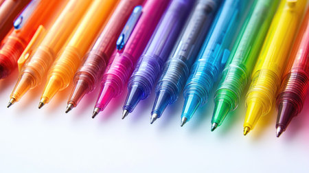 Detailed shot of a rainbow of colored pens laid out on a white surface, showing their different colors and tipsの素材