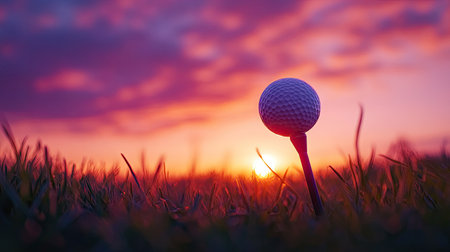 Detailed shot of a golf tee and ball against a vibrant sunrise or sunset, with dramatic lighting and colors -の素材
